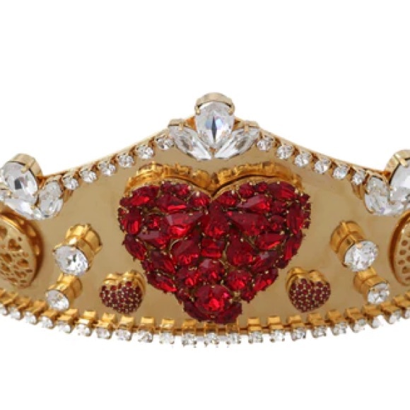 Gold Brass Red Crystal Heart Head Tiara Crown - Picture 5 of 7